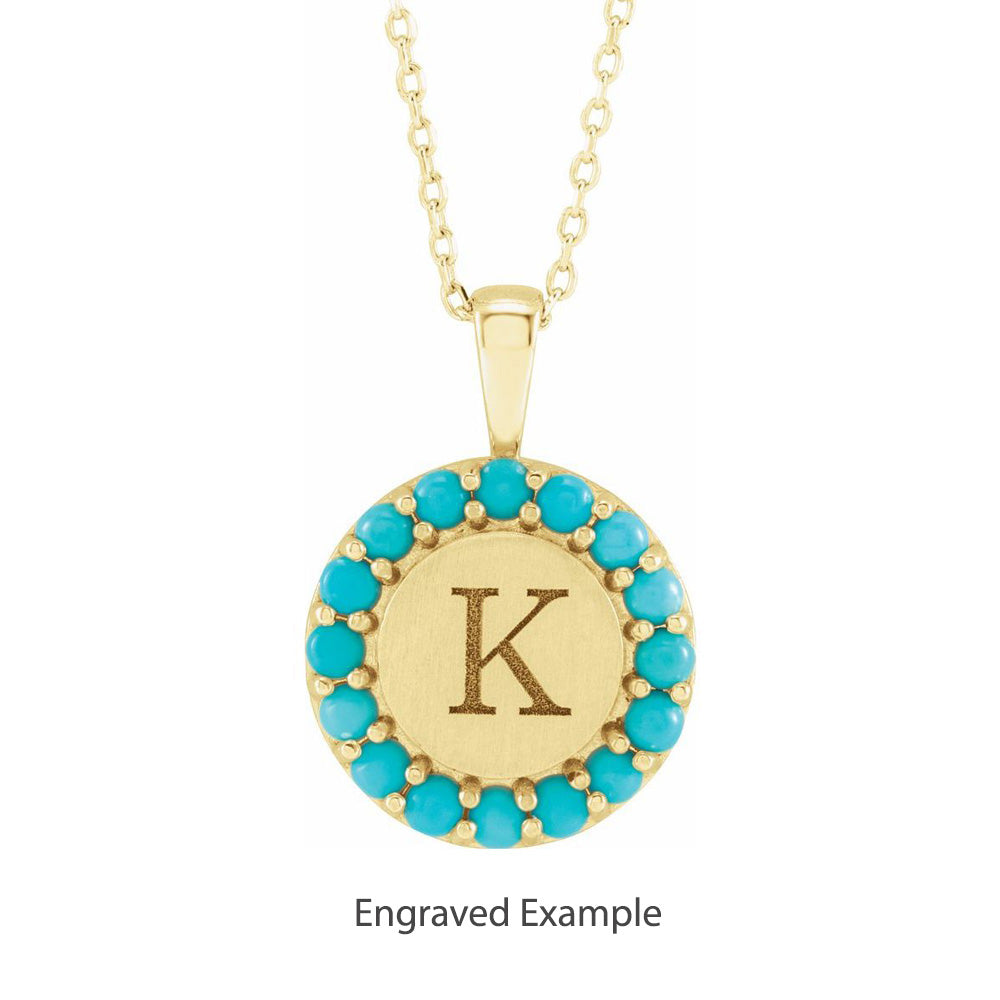 Alternate view of the 14K Yellow Gold Turquoise Halo Style 13.5mm Disc Necklace, 16-18 Inch by The Black Bow Jewelry Co.