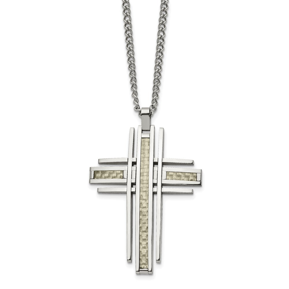 Stainless Steel & Gray Carbon Fiber Large Bar Cross Necklace, 24 Inch, Item N22913-GRY by The Black Bow Jewelry Co.
