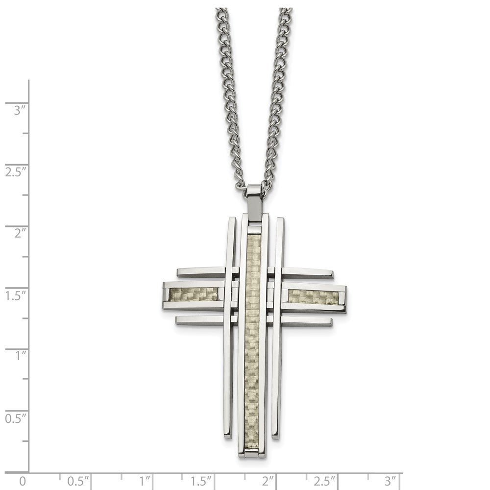 Alternate view of the Stainless Steel & Gray Carbon Fiber Large Bar Cross Necklace, 24 Inch by The Black Bow Jewelry Co.