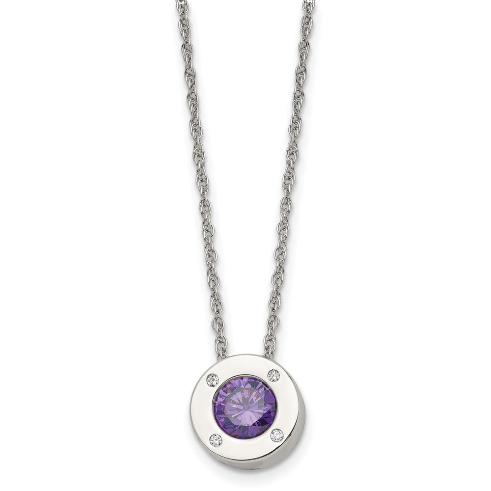 Stainless Steel Small Polished CZ February Birthstone Necklace, 20 In, Item N22920-FEB by The Black Bow Jewelry Co.