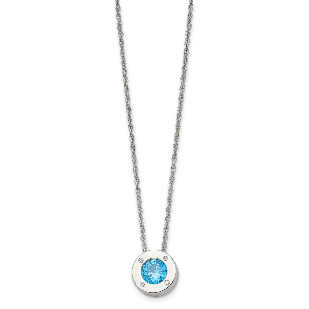 Alternate view of the Stainless Steel Small Polished CZ March Birthstone Necklace, 20 Inch by The Black Bow Jewelry Co.