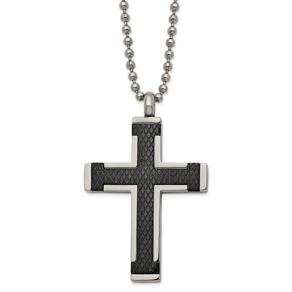 Men's Titanium & Stainless Steel Black Textured Cross Necklace, 22 In, Item N22925 by The Black Bow Jewelry Co.