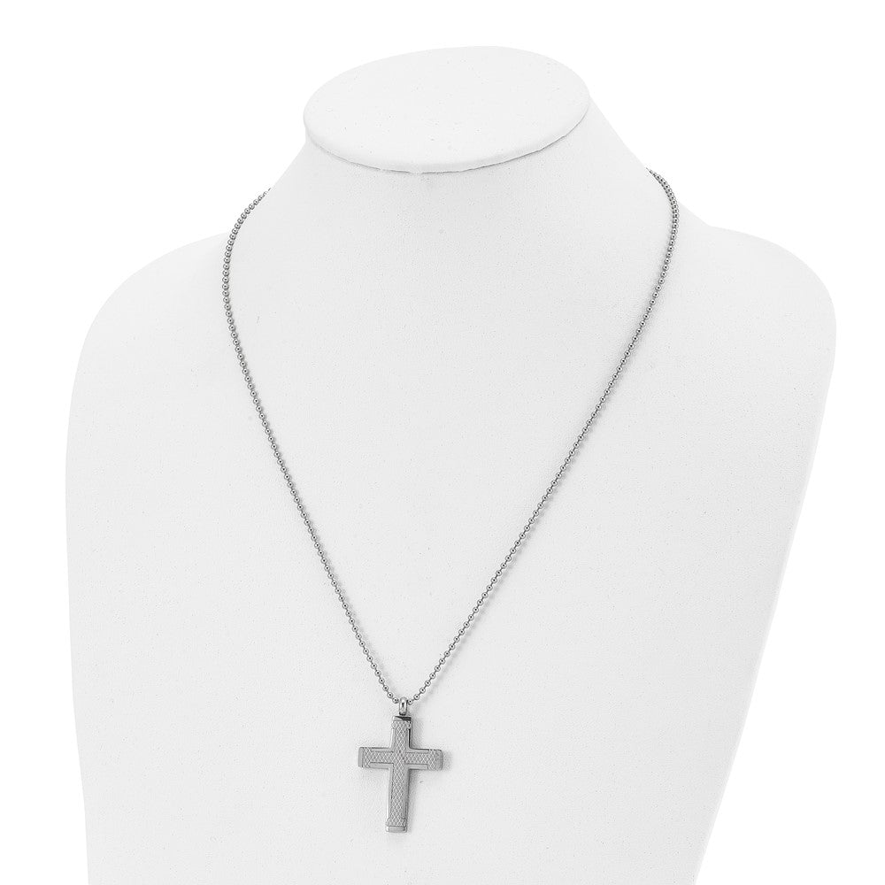 Alternate view of the Men's Titanium Polished & Laser Cut Textured Cross Necklace, 22 Inch by The Black Bow Jewelry Co.