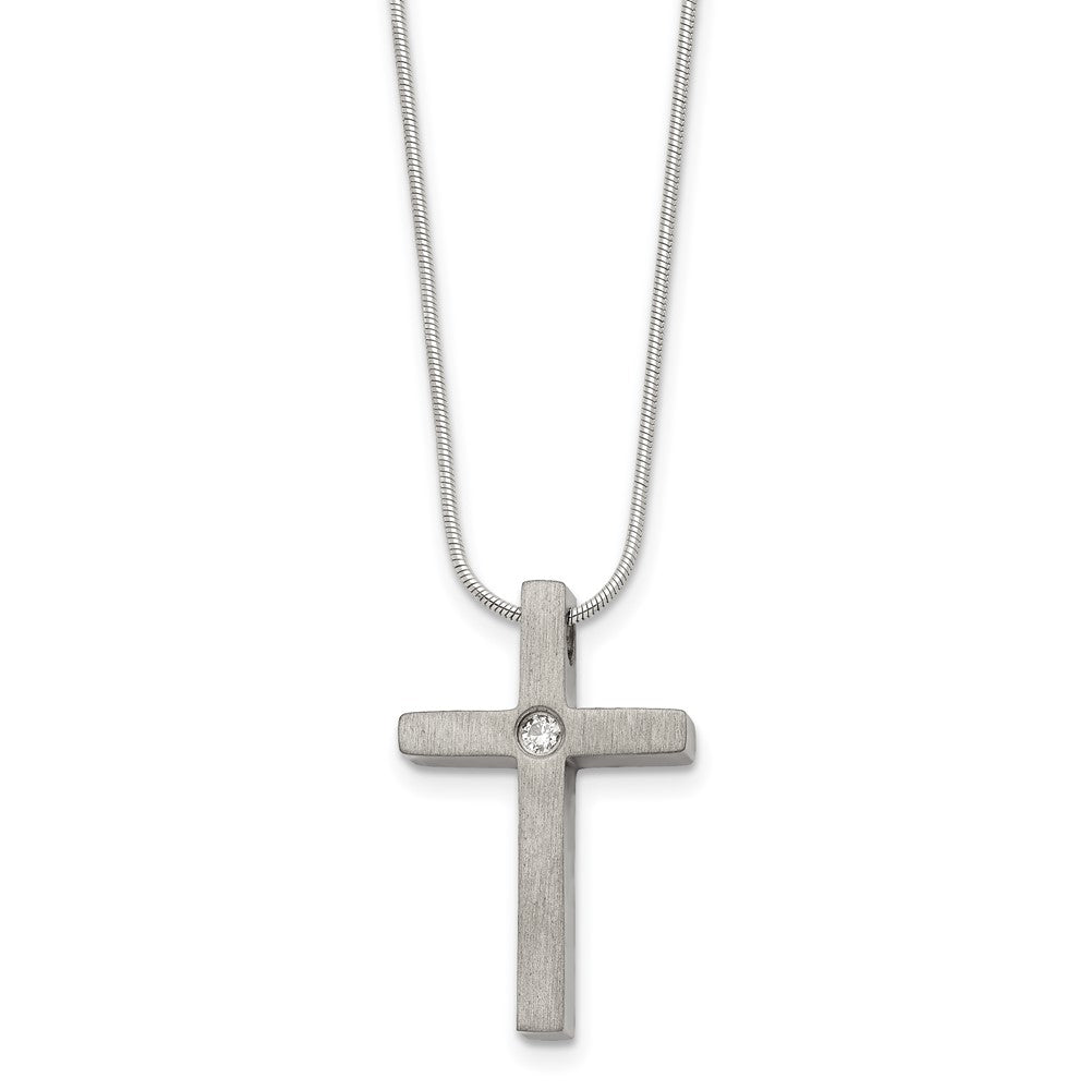 Women's Titanium, Stainless Steel CZ Brushed Cross Necklace, 18