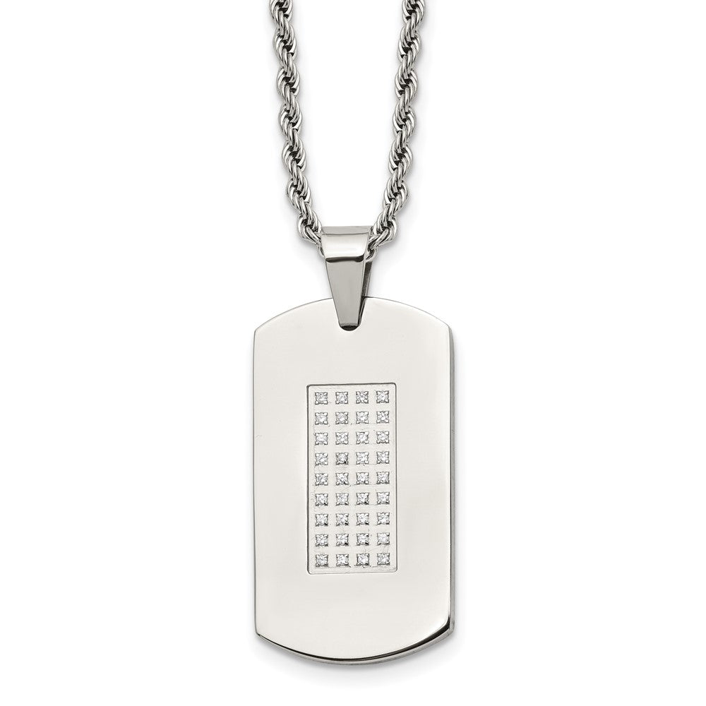 Men's Stainless Steel & CZ Polished Dog Tag Necklace, 22 Inch, Item N22953 by The Black Bow Jewelry Co.