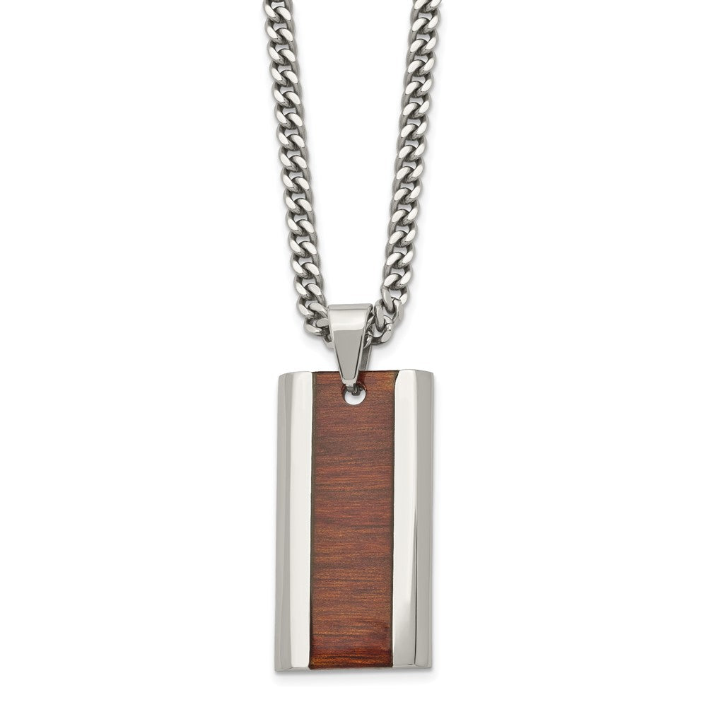 Stainless Steel & Red/Orange Koa Wood Inlay Enameled Necklace, 20 Inch, Item N22962 by The Black Bow Jewelry Co.