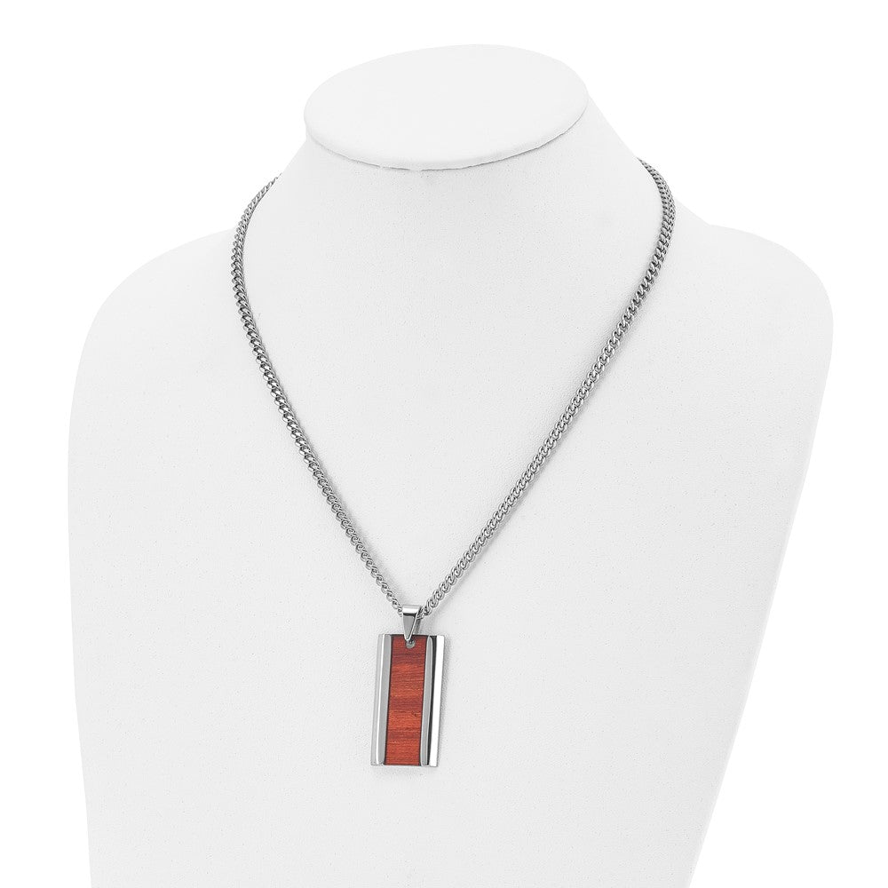 Alternate view of the Men's Stainless Steel & Red Koa Wood Inlay Enameled Necklace, 20 Inch by The Black Bow Jewelry Co.