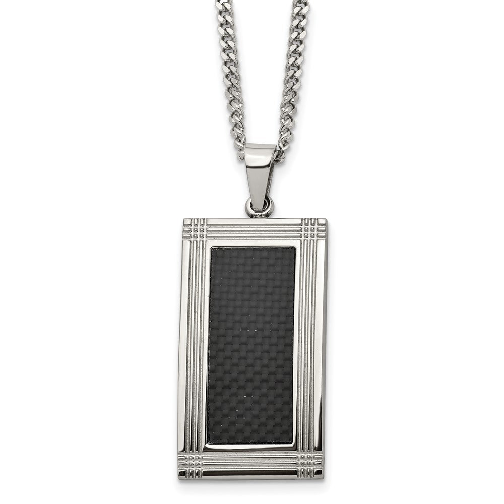 Stainless Steel & Black Carbon Fiber Grooved Dog Tag Necklace, 24 Inch, Item N22970 by The Black Bow Jewelry Co.