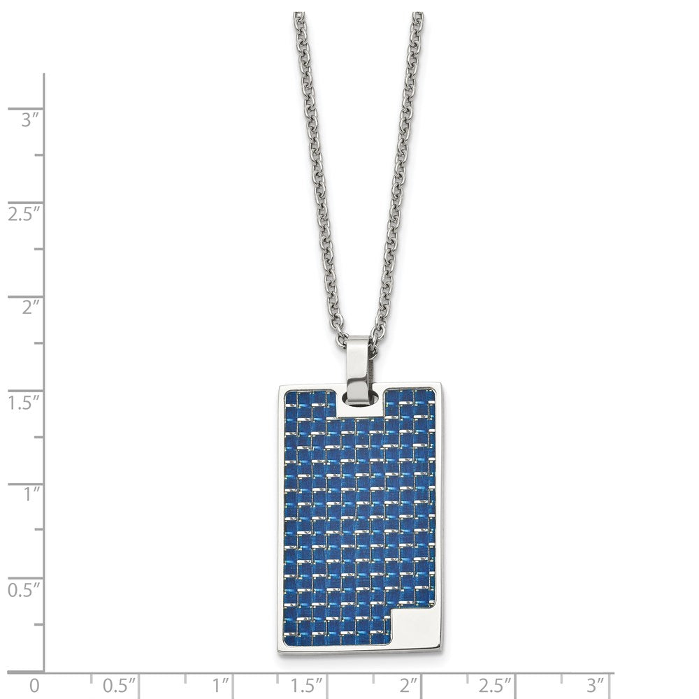 Stainless Steel Blue Carbon Fiber Inlay Dog Tag Necklace, 22