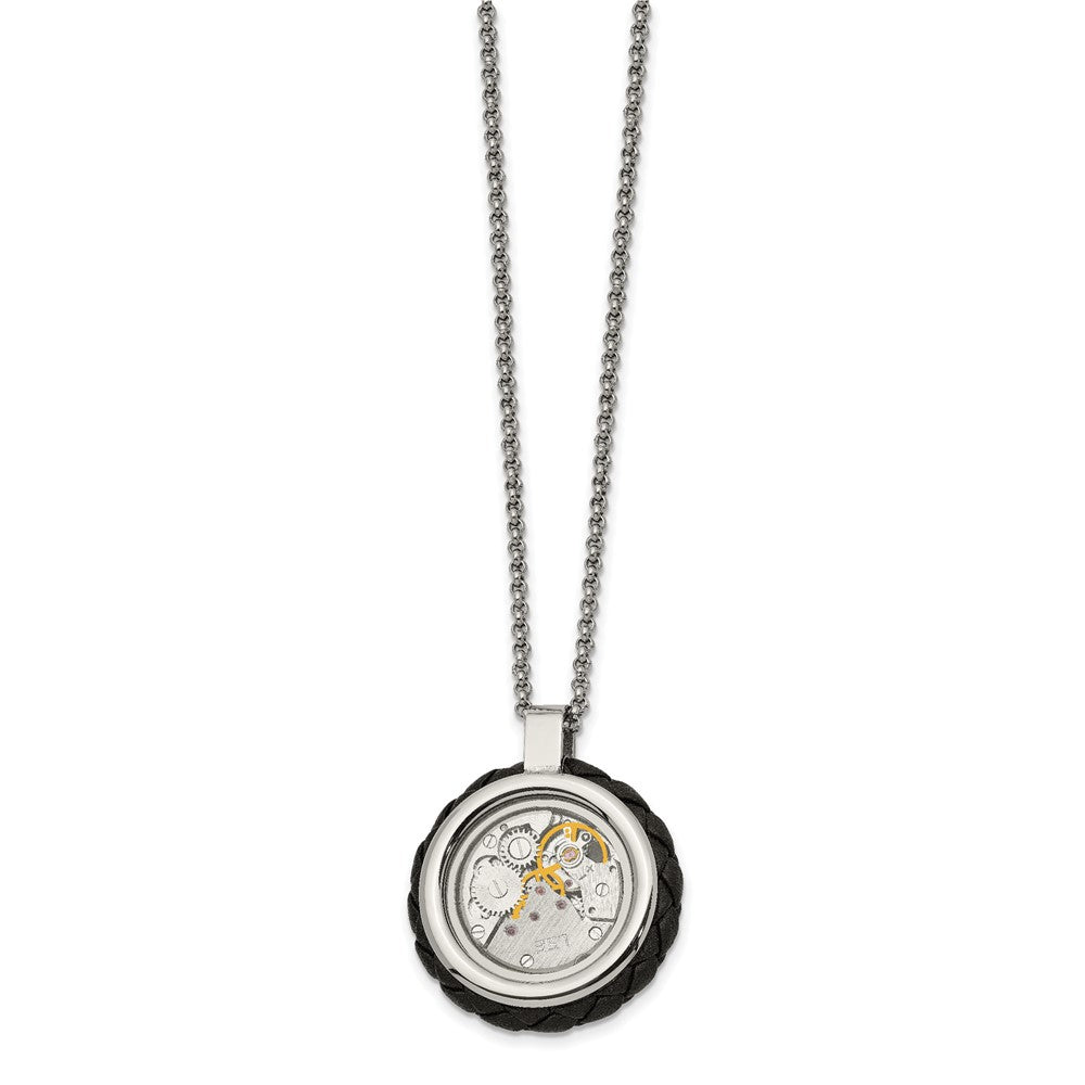 Stainless Steel, CZ & Leather 29mm Clockwork Necklace, 22 Inch, Item N22998 by The Black Bow Jewelry Co.