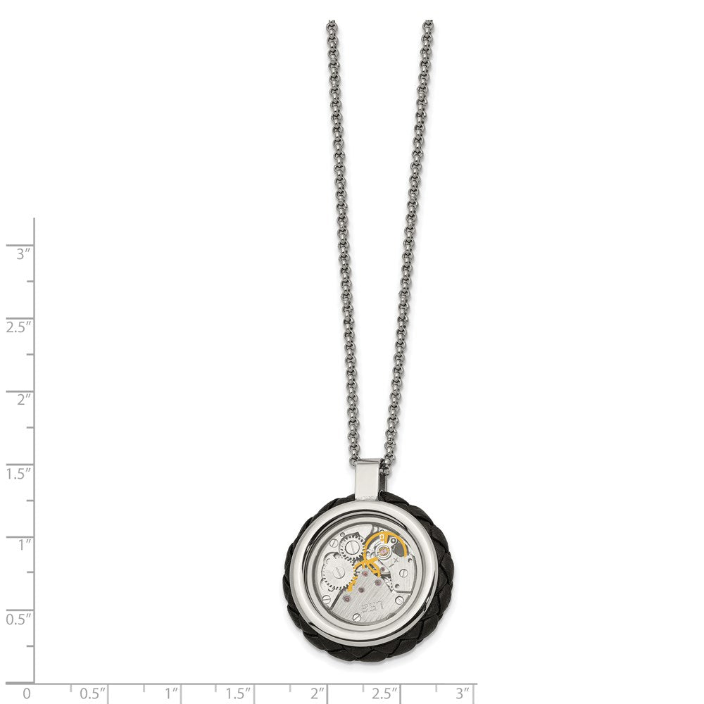 Alternate view of the Stainless Steel, CZ & Leather 29mm Clockwork Necklace, 22 Inch by The Black Bow Jewelry Co.