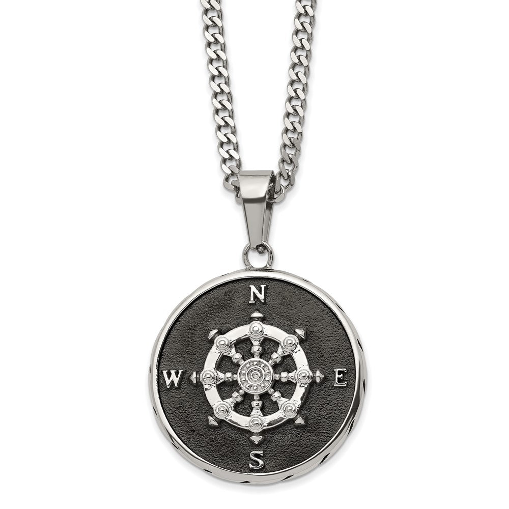 Stainless Steel Polished & Black Plated 30mm Compass Necklace, 22 Inch, Item N23001 by The Black Bow Jewelry Co.