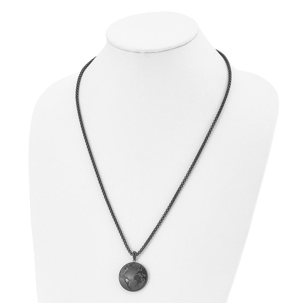 Alternate view of the Men's Black Plated Stainless Steel 29mm Earth Necklace, 24 Inch by The Black Bow Jewelry Co.