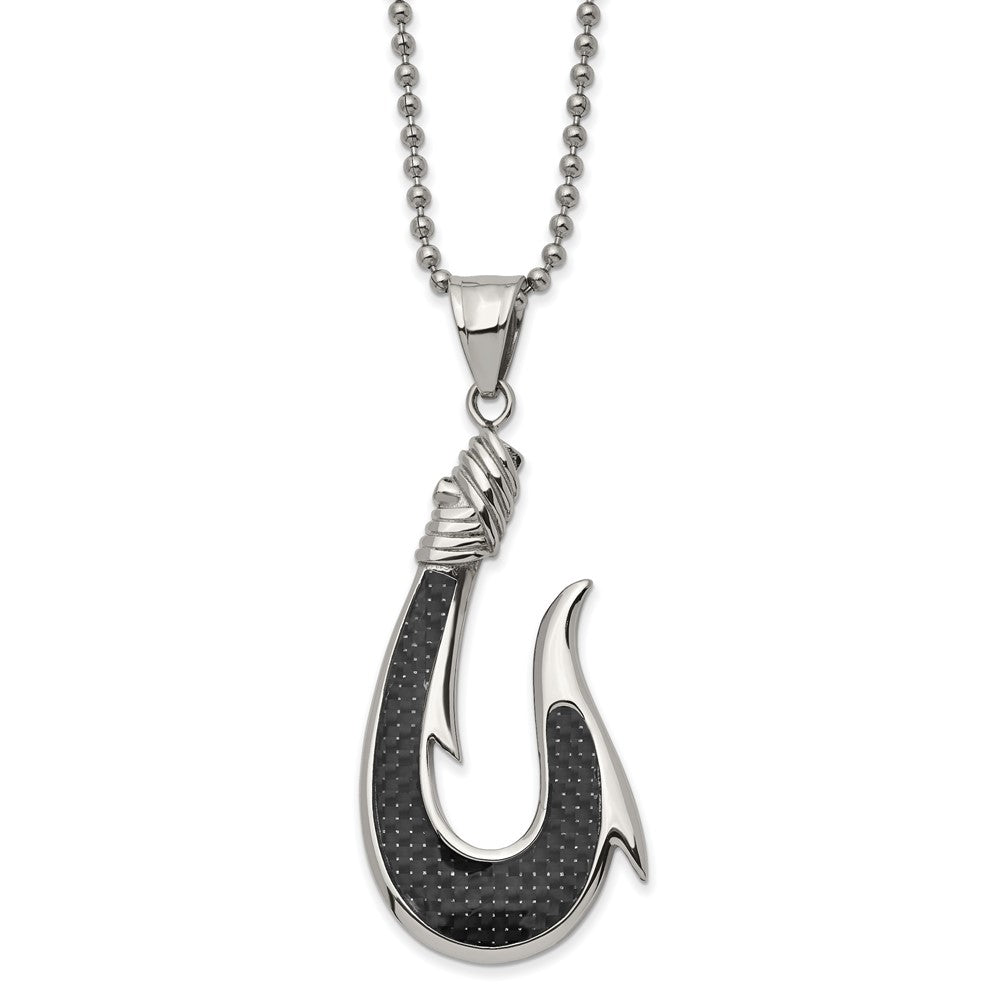 Stainless Steel & Black Carbon Fiber Large Hook Necklace, 22 Inch, Item N23011 by The Black Bow Jewelry Co.