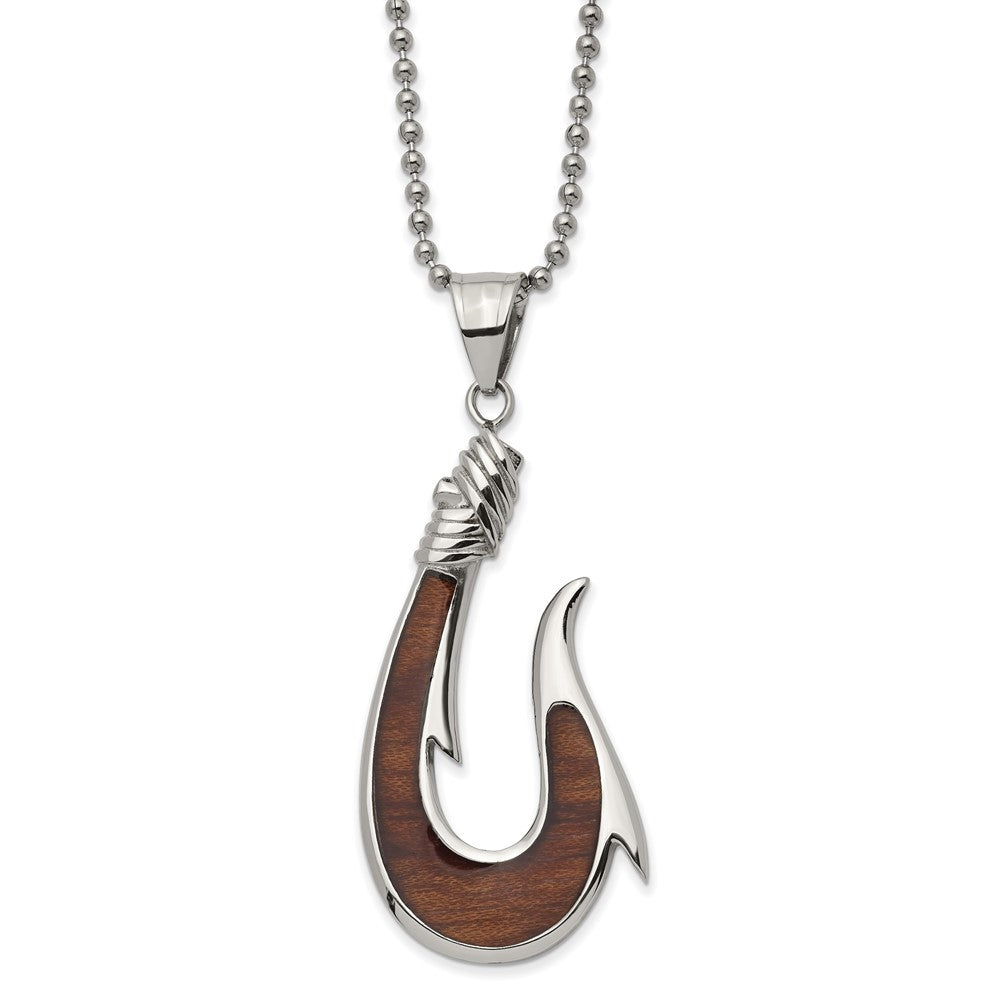 Stainless Steel & Rosewood Inlay Large Hook Necklace, 22 Inch, Item N23012 by The Black Bow Jewelry Co.