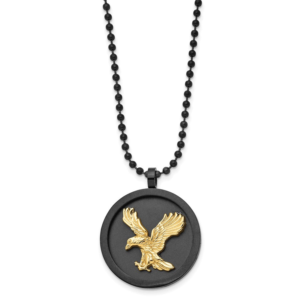 Stainless Steel Black & Gold Tone Plated Eagle Disc Necklace, 24 Inch, Item N23023 by The Black Bow Jewelry Co.