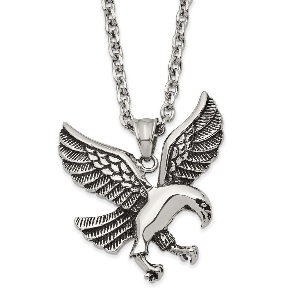 Men's Stainless Steel Large Antiqued & Polished Eagle Necklace, 24 In, Item N23027 by The Black Bow Jewelry Co.