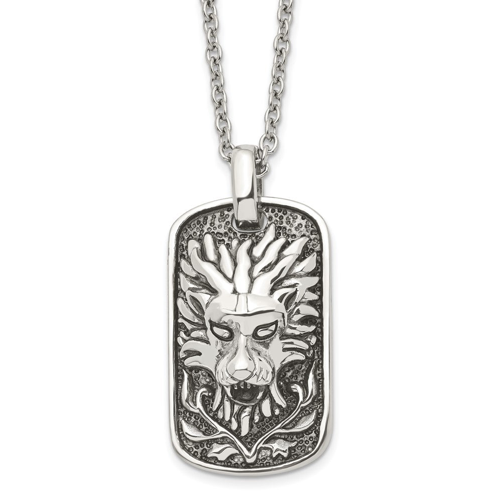 Men's Stainless Steel Antiqued Lion's Head Dog Tag Necklace, 22 Inch, Item N23028 by The Black Bow Jewelry Co.