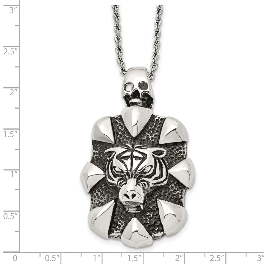Alternate view of the Mens Stainless Steel XL Open Back Tiger and Skull Necklace, 20 Inch by The Black Bow Jewelry Co.