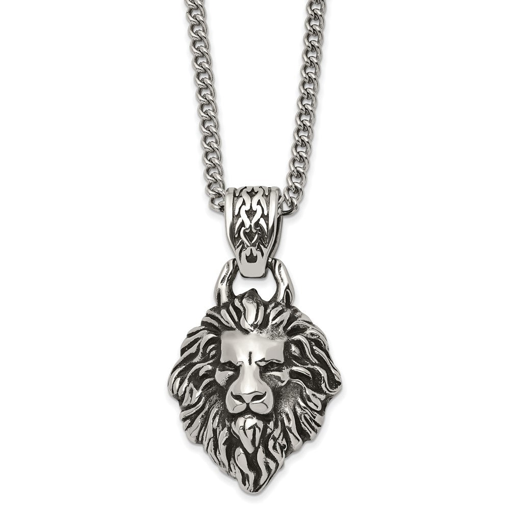 Stainless Steel Medium Antiqued Lion's Head Necklace, 24 Inch, Item N23033 by The Black Bow Jewelry Co.