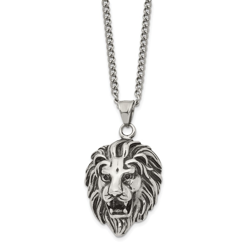 Alternate view of the Men's Stainless Steel Antiqued Large 3D Lion Head Necklace, 24 Inch by The Black Bow Jewelry Co.