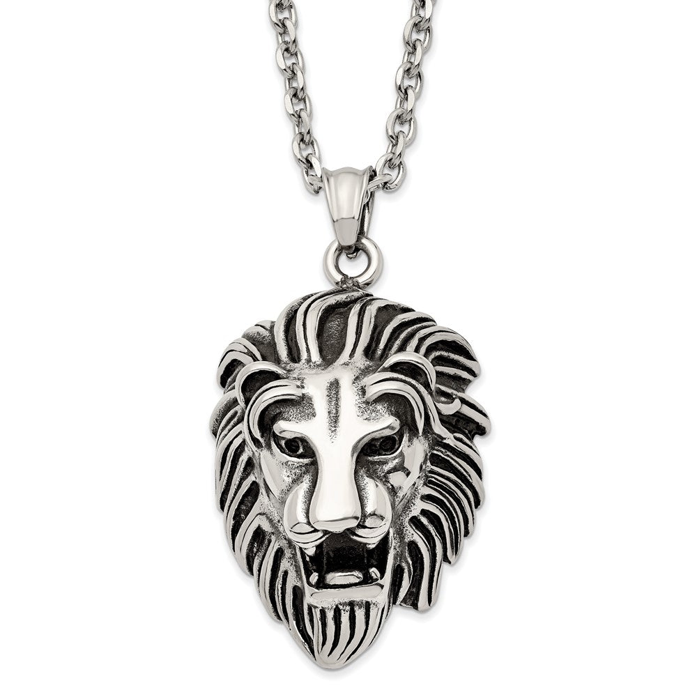 Men's Stainless Steel Antiqued X-Large 3D Lion Head Necklace, 24 Inch, Item N23036 by The Black Bow Jewelry Co.
