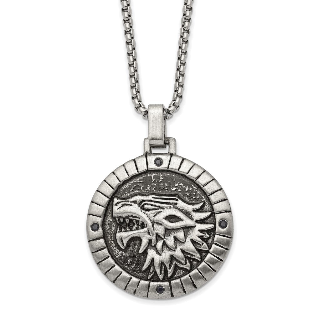 Stainless Steel & Black CZ Antiqued Chimera Disc Necklace, 24 Inch, Item N23038 by The Black Bow Jewelry Co.