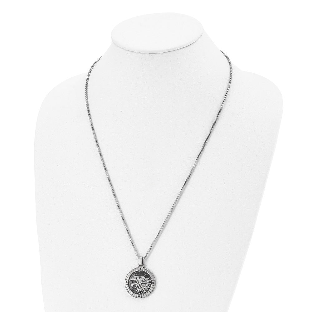 Alternate view of the Stainless Steel & Black CZ Antiqued Chimera Disc Necklace, 24 Inch by The Black Bow Jewelry Co.