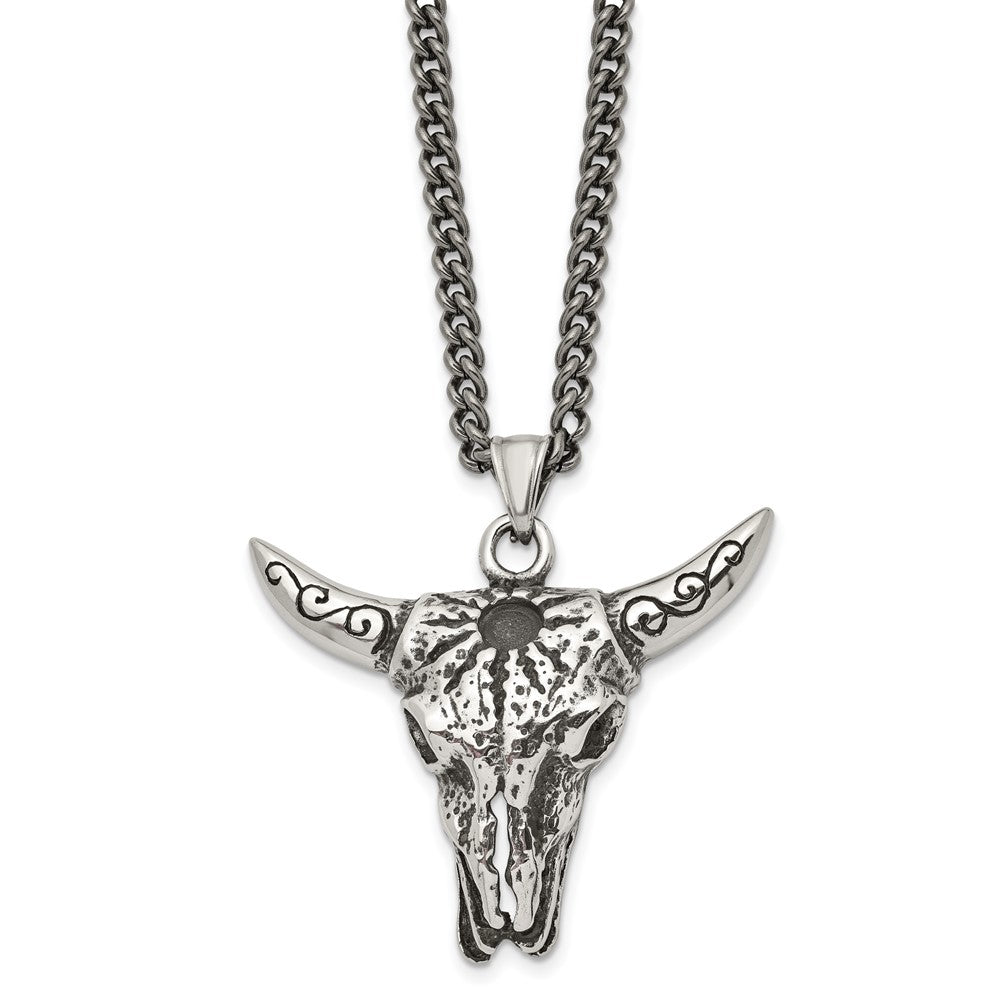 Men's Stainless Steel Antiqued XL Steer Skull Necklace, 20 Inch, Item N23040 by The Black Bow Jewelry Co.