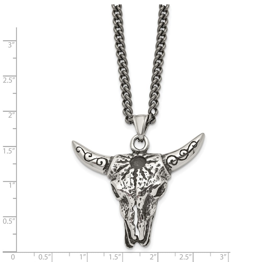 Alternate view of the Men's Stainless Steel Antiqued XL Steer Skull Necklace, 20 Inch by The Black Bow Jewelry Co.