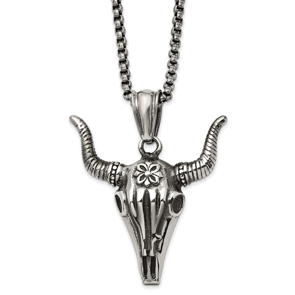 Men's Stainless Steel XL Antiqued Steer Skull Necklace, 24 Inch, Item N23041 by The Black Bow Jewelry Co.