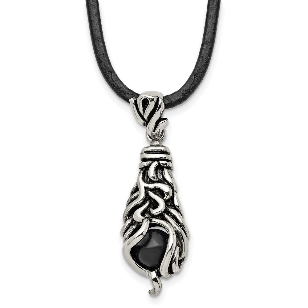 Stainless Steel, Moveable Black Agate & Leather Cord Necklace, 20 Inch, Item N23042 by The Black Bow Jewelry Co.