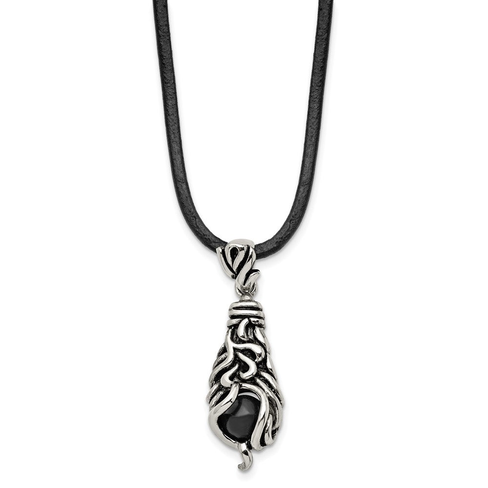 Alternate view of the Stainless Steel, Moveable Black Agate & Leather Cord Necklace, 20 Inch by The Black Bow Jewelry Co.
