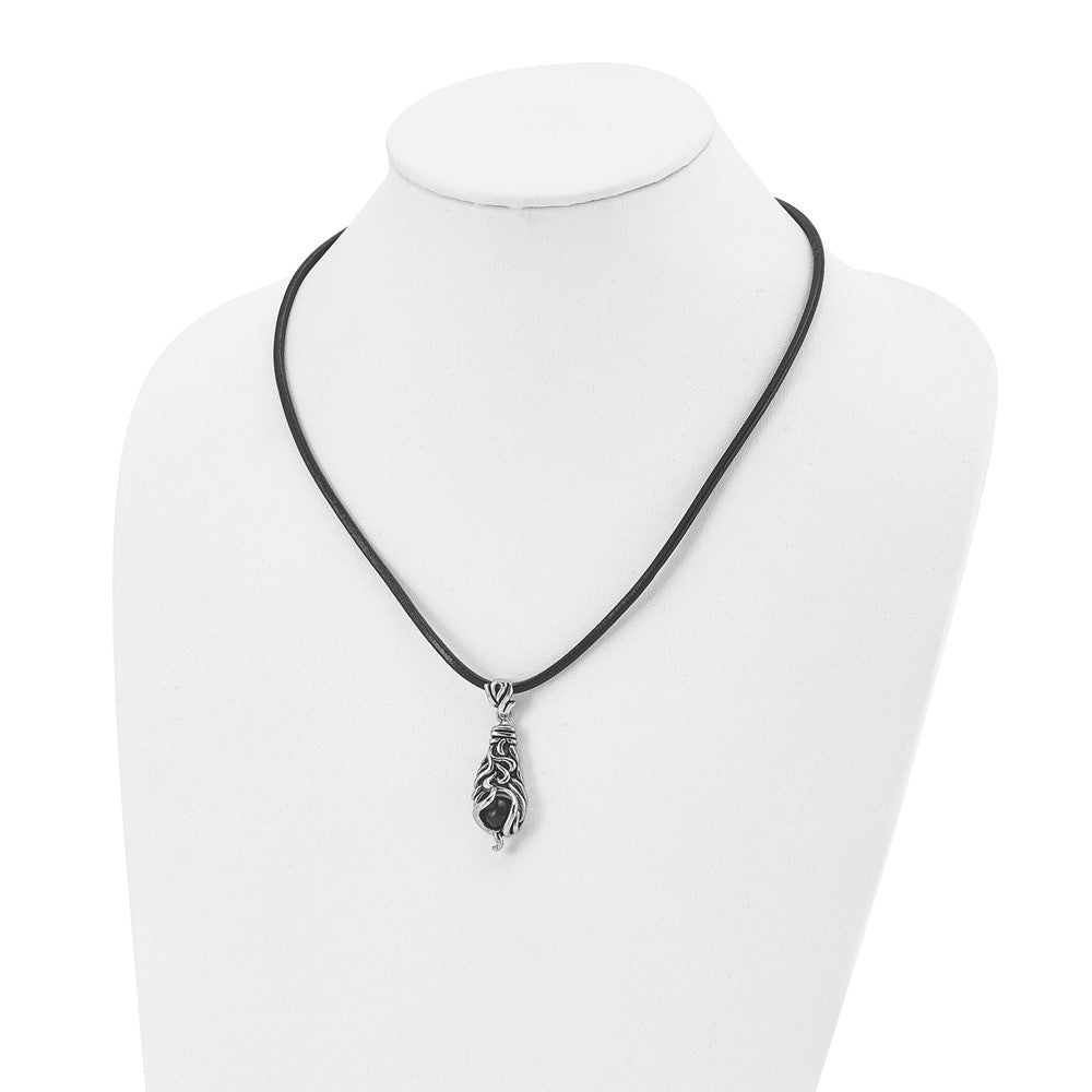 Alternate view of the Stainless Steel, Moveable Black Agate & Leather Cord Necklace, 20 Inch by The Black Bow Jewelry Co.