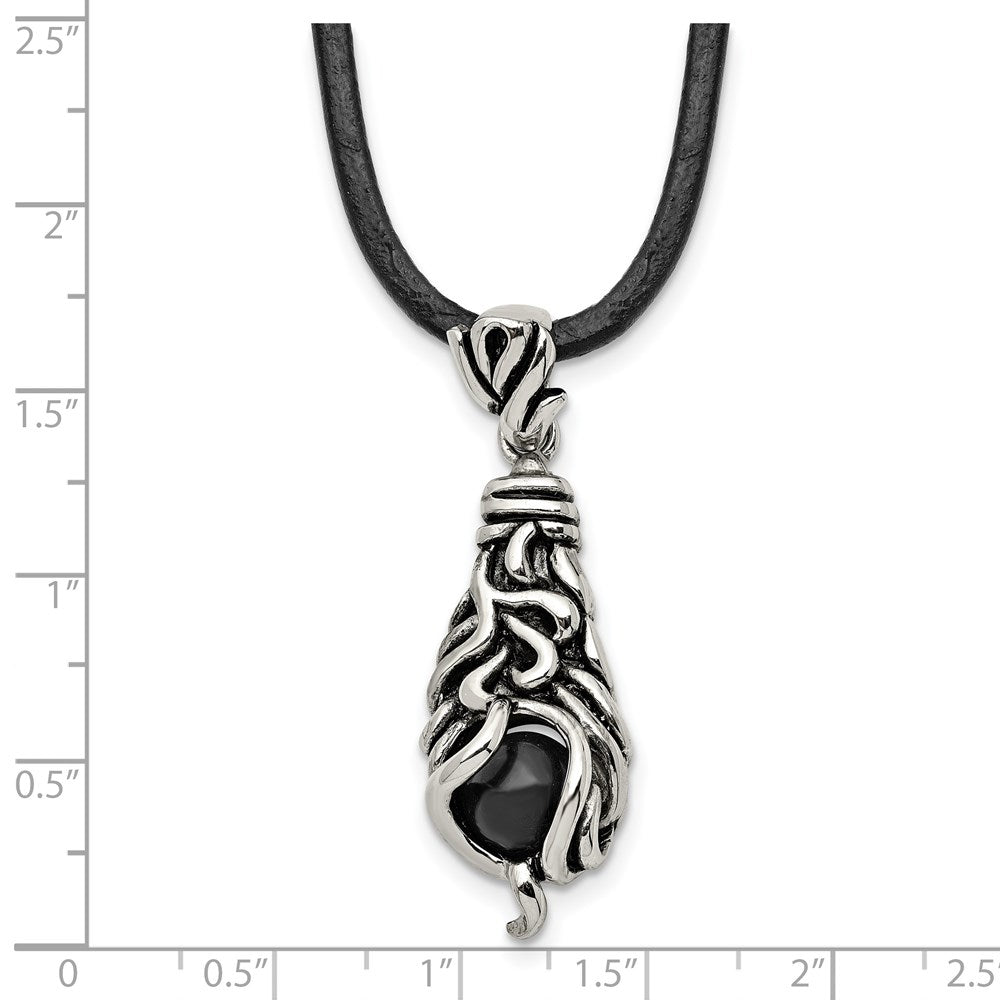 Alternate view of the Stainless Steel, Moveable Black Agate & Leather Cord Necklace, 20 Inch by The Black Bow Jewelry Co.