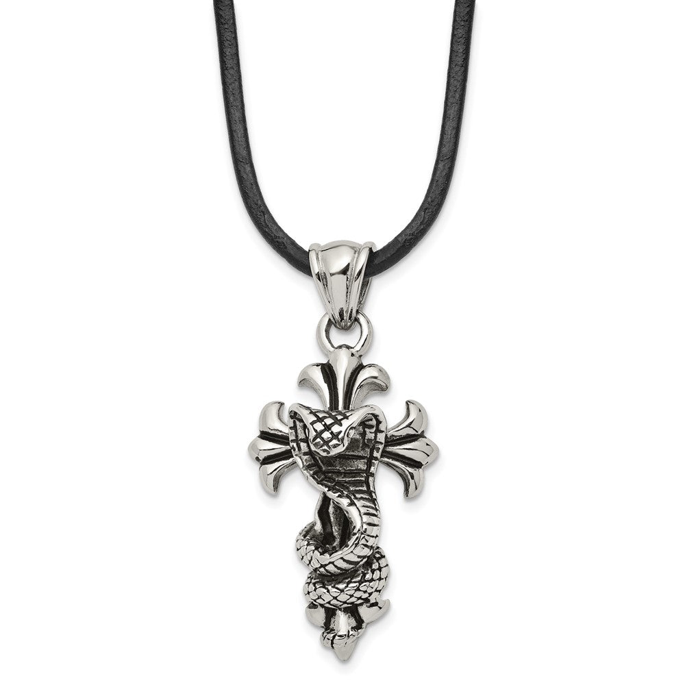 Men's Stainless Steel & Leather Antiqued Snake Cross Necklace, 20 Inch, Item N23043 by The Black Bow Jewelry Co.