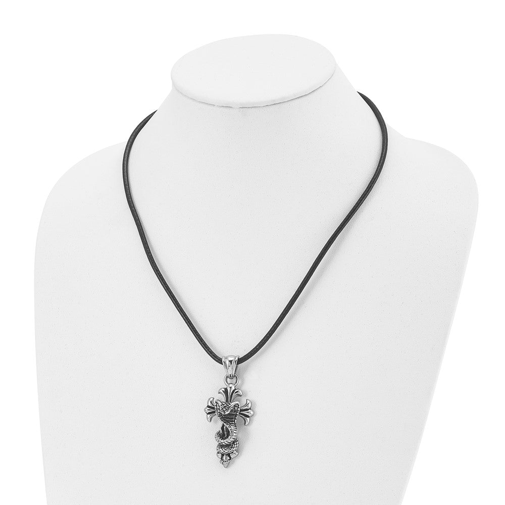Alternate view of the Men's Stainless Steel & Leather Antiqued Snake Cross Necklace, 20 Inch by The Black Bow Jewelry Co.