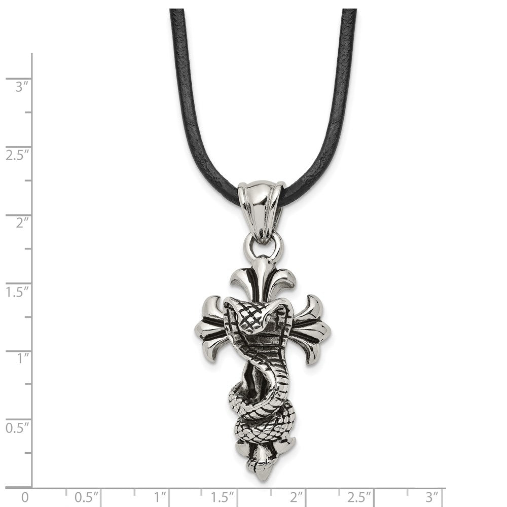 Alternate view of the Men's Stainless Steel & Leather Antiqued Snake Cross Necklace, 20 Inch by The Black Bow Jewelry Co.