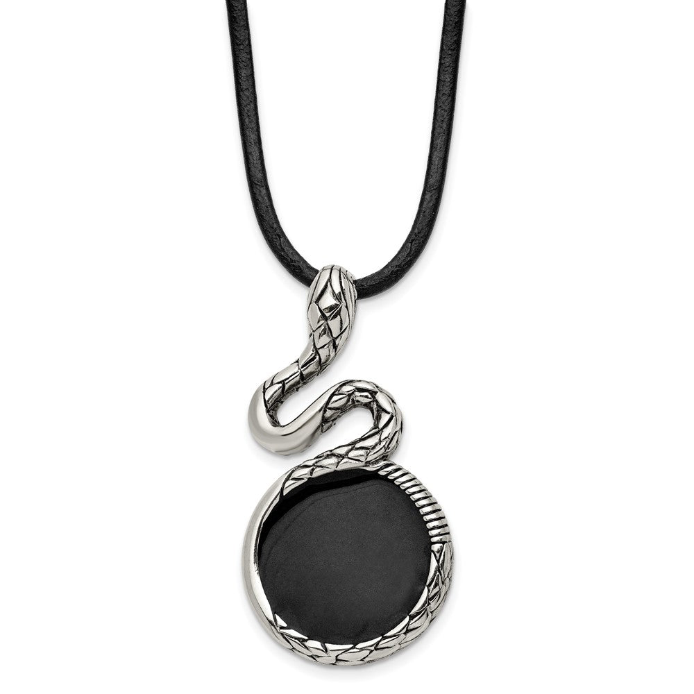 Men's Stainless Steel, Black Enamel & Leather Snake Necklace, 20 Inch, Item N23044 by The Black Bow Jewelry Co.