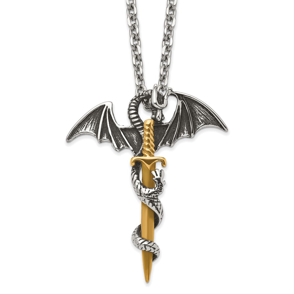 Stainless Steel & Gold Tone Plated Large Dragon Sword Necklace, 24 In, Item N23046 by The Black Bow Jewelry Co.