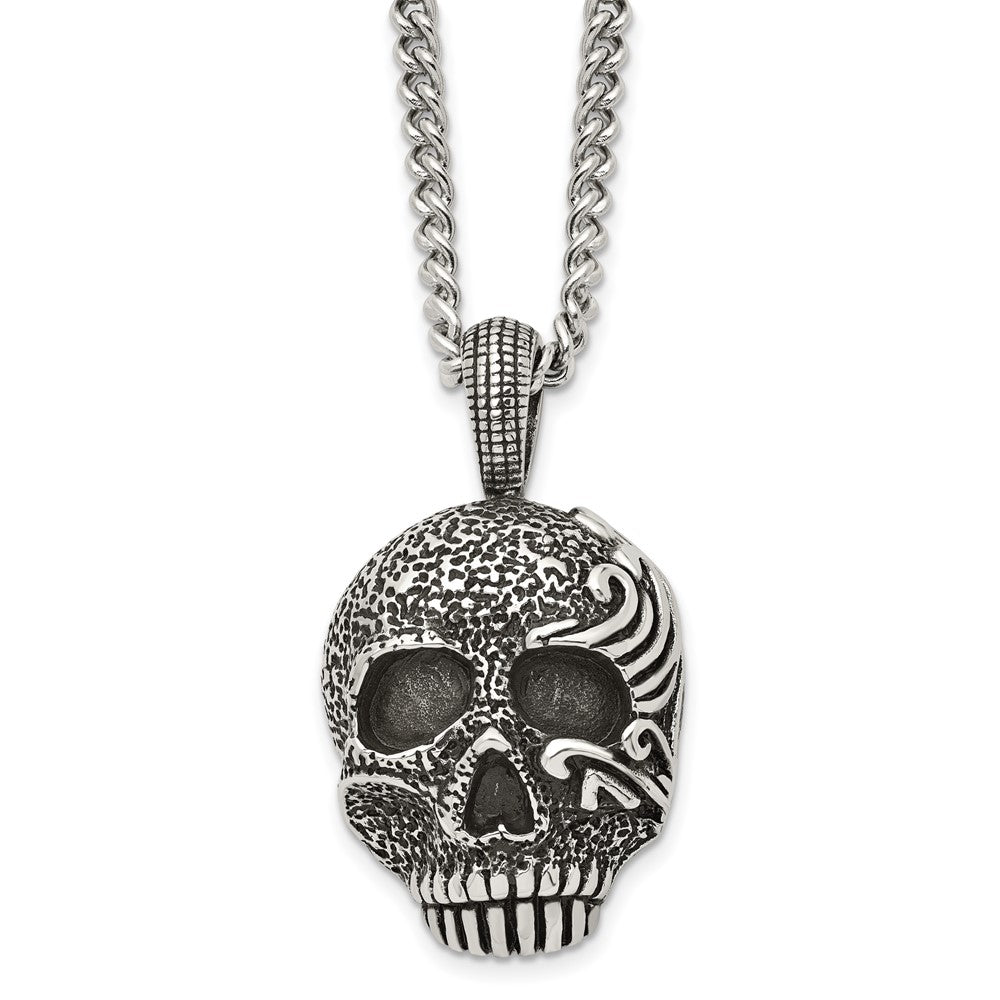 Men's Stainless Steel Large Antiqued Skull Necklace, 24 Inch, Item N23049 by The Black Bow Jewelry Co.