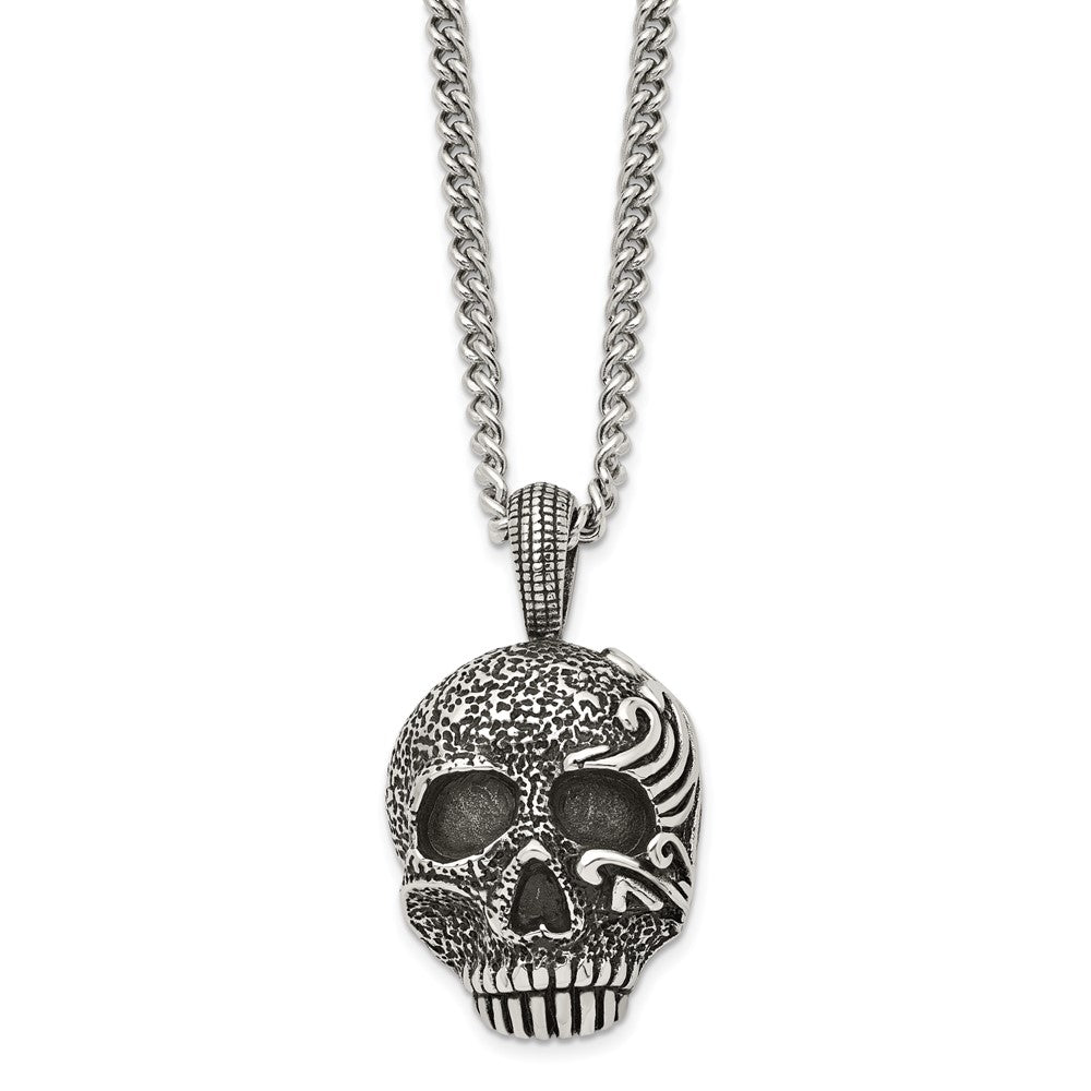 Alternate view of the Men's Stainless Steel Large Antiqued Skull Necklace, 24 Inch by The Black Bow Jewelry Co.