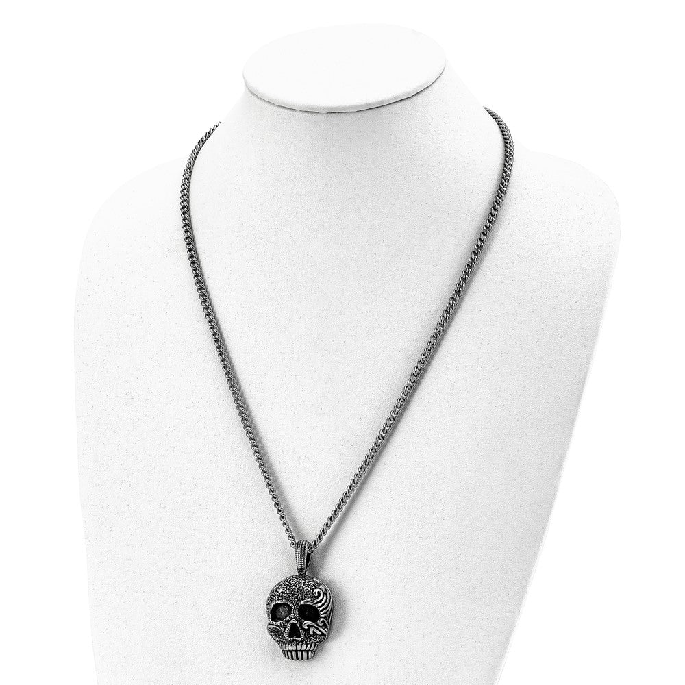 Alternate view of the Men's Stainless Steel Large Antiqued Skull Necklace, 24 Inch by The Black Bow Jewelry Co.