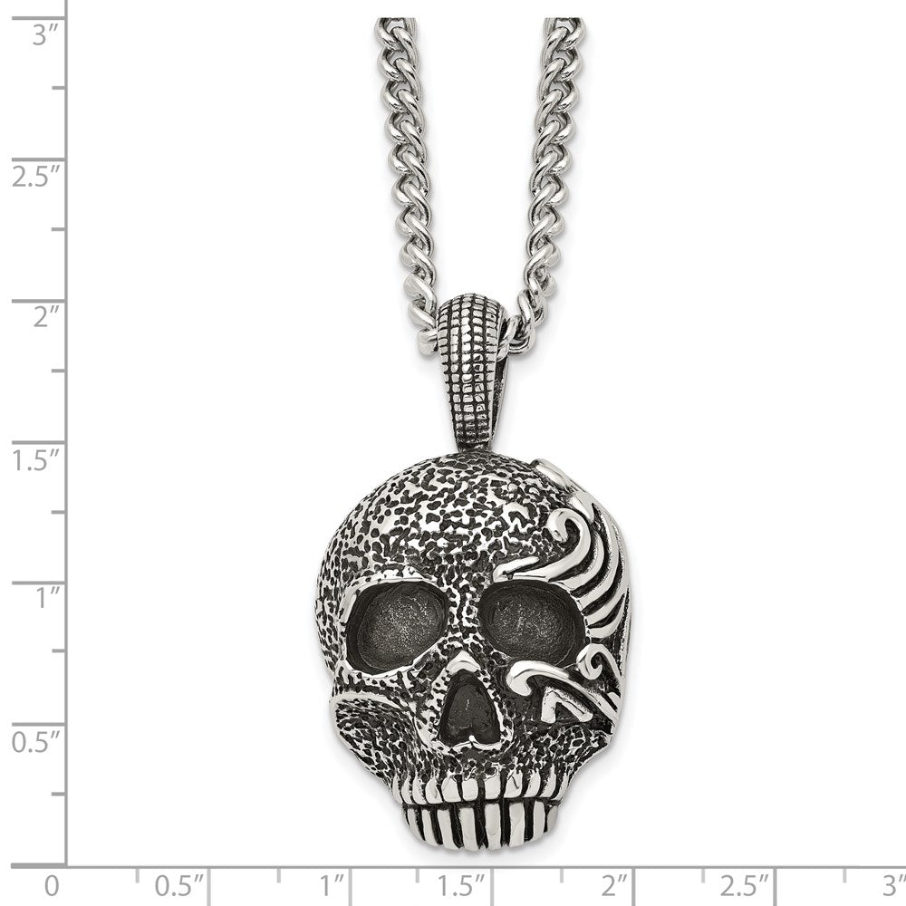 Alternate view of the Men's Stainless Steel Large Antiqued Skull Necklace, 24 Inch by The Black Bow Jewelry Co.