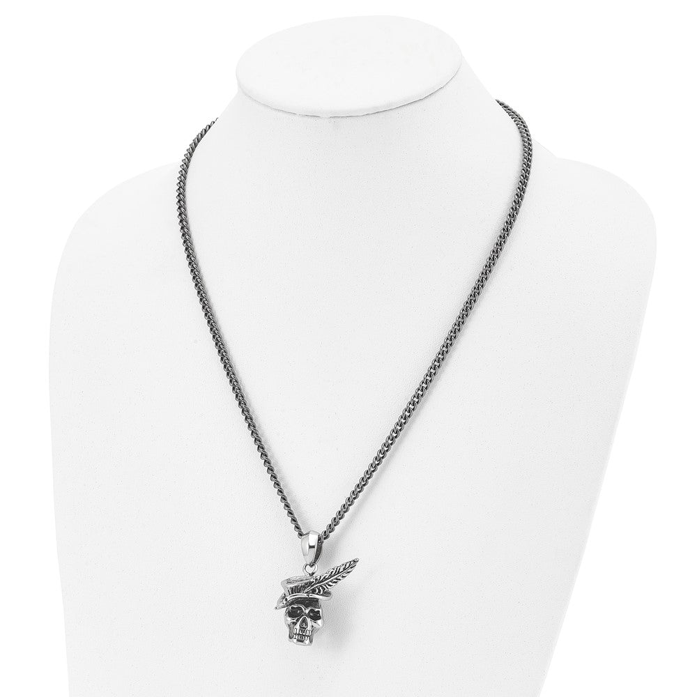 Alternate view of the Stainless Steel Antiqued 3D Feather Hat Skull Necklace, 22 Inch by The Black Bow Jewelry Co.