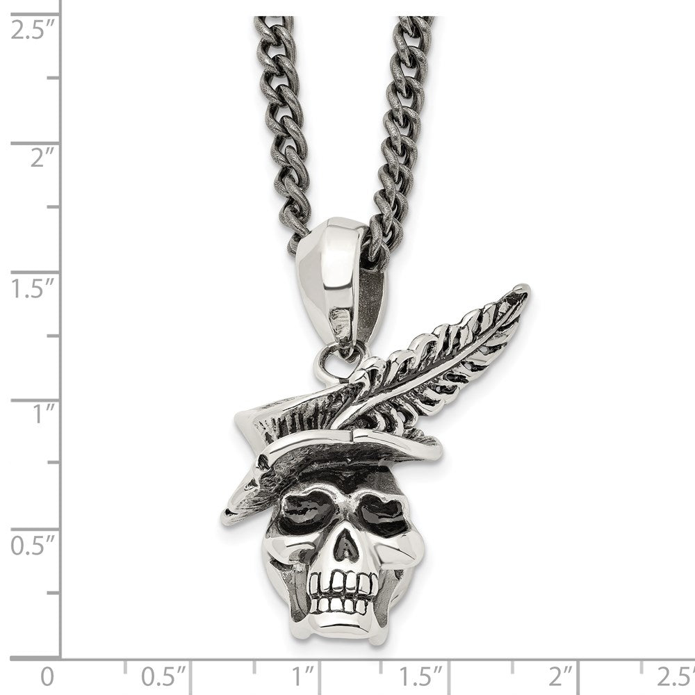 Alternate view of the Stainless Steel Antiqued 3D Feather Hat Skull Necklace, 22 Inch by The Black Bow Jewelry Co.