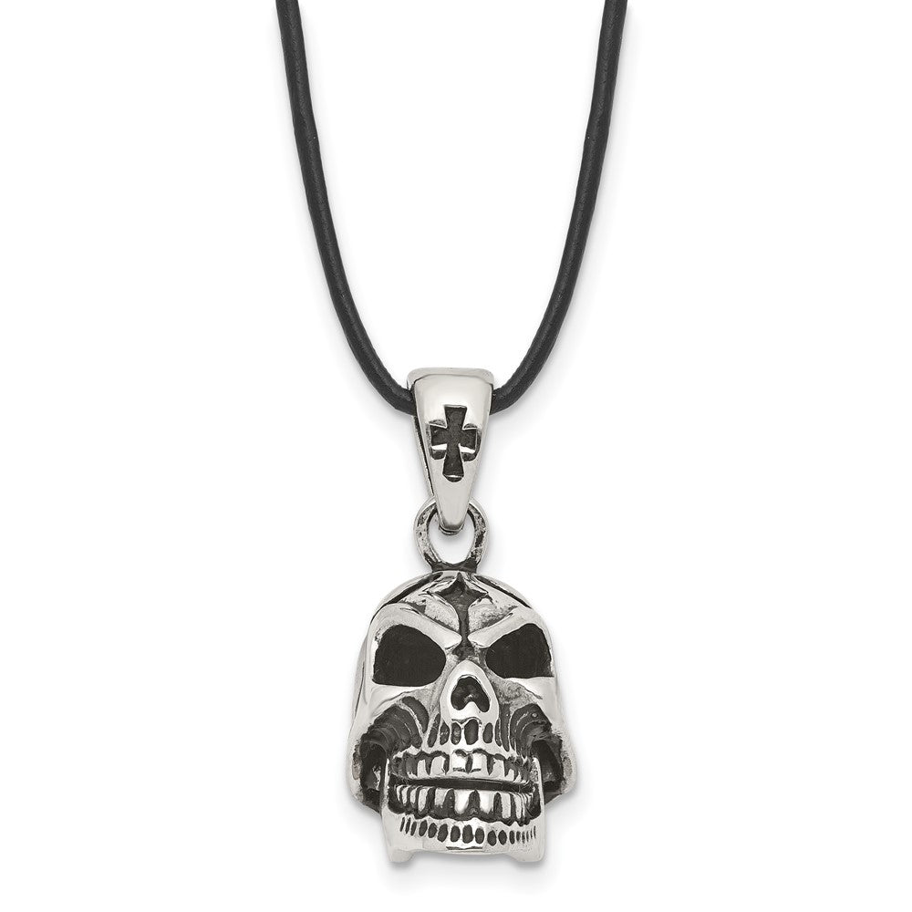 Stainless Steel Leather Cord 3D Moveable Skull Necklace, 20 Inch