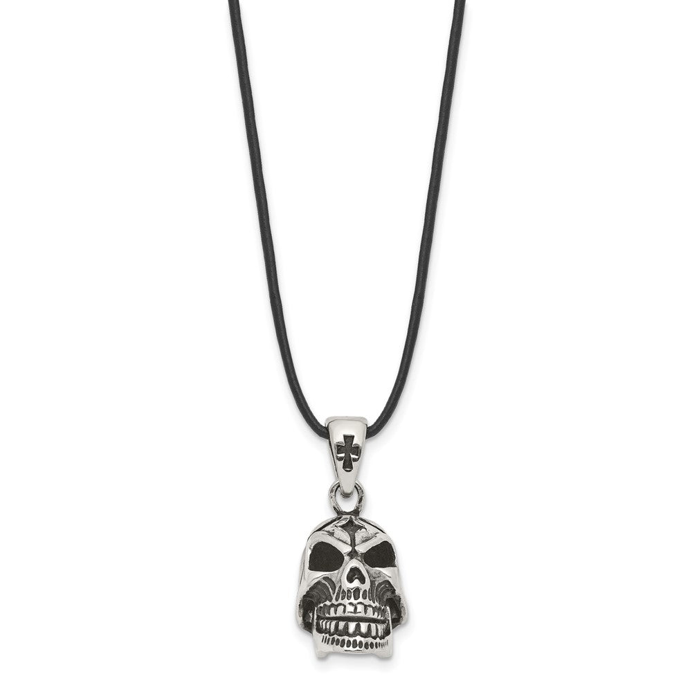 Alternate view of the Stainless Steel & Leather Cord 3D Moveable Skull Necklace, 20 Inch by The Black Bow Jewelry Co.