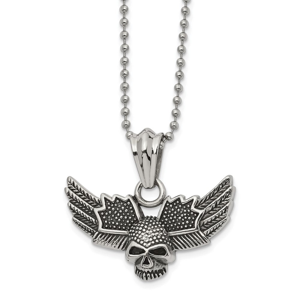 Stainless Steel Textured Winged Skull Necklace, 22 Inch, Item N23055 by The Black Bow Jewelry Co.