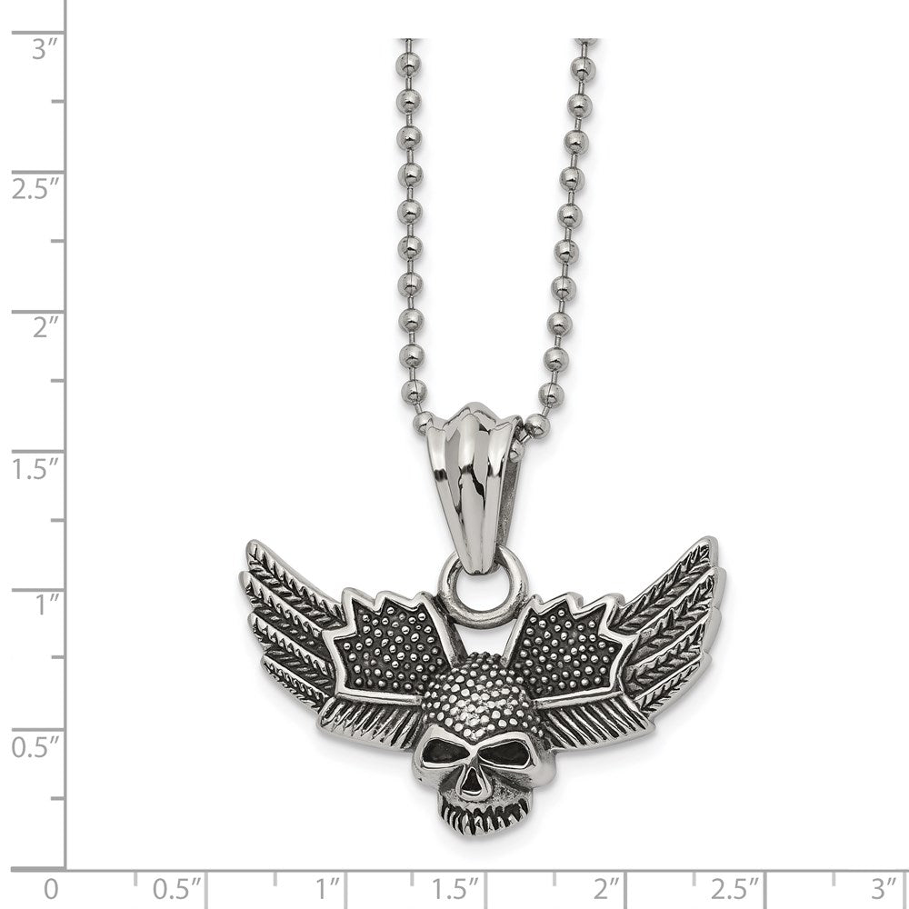 Alternate view of the Stainless Steel Textured Winged Skull Necklace, 22 Inch by The Black Bow Jewelry Co.